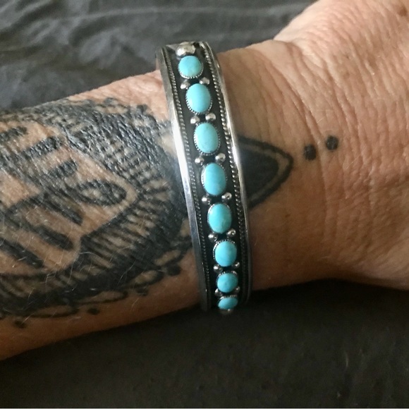 Sterling Cuff with sleeping beauty Turquoise signed marked SS - Picture 3 of 9